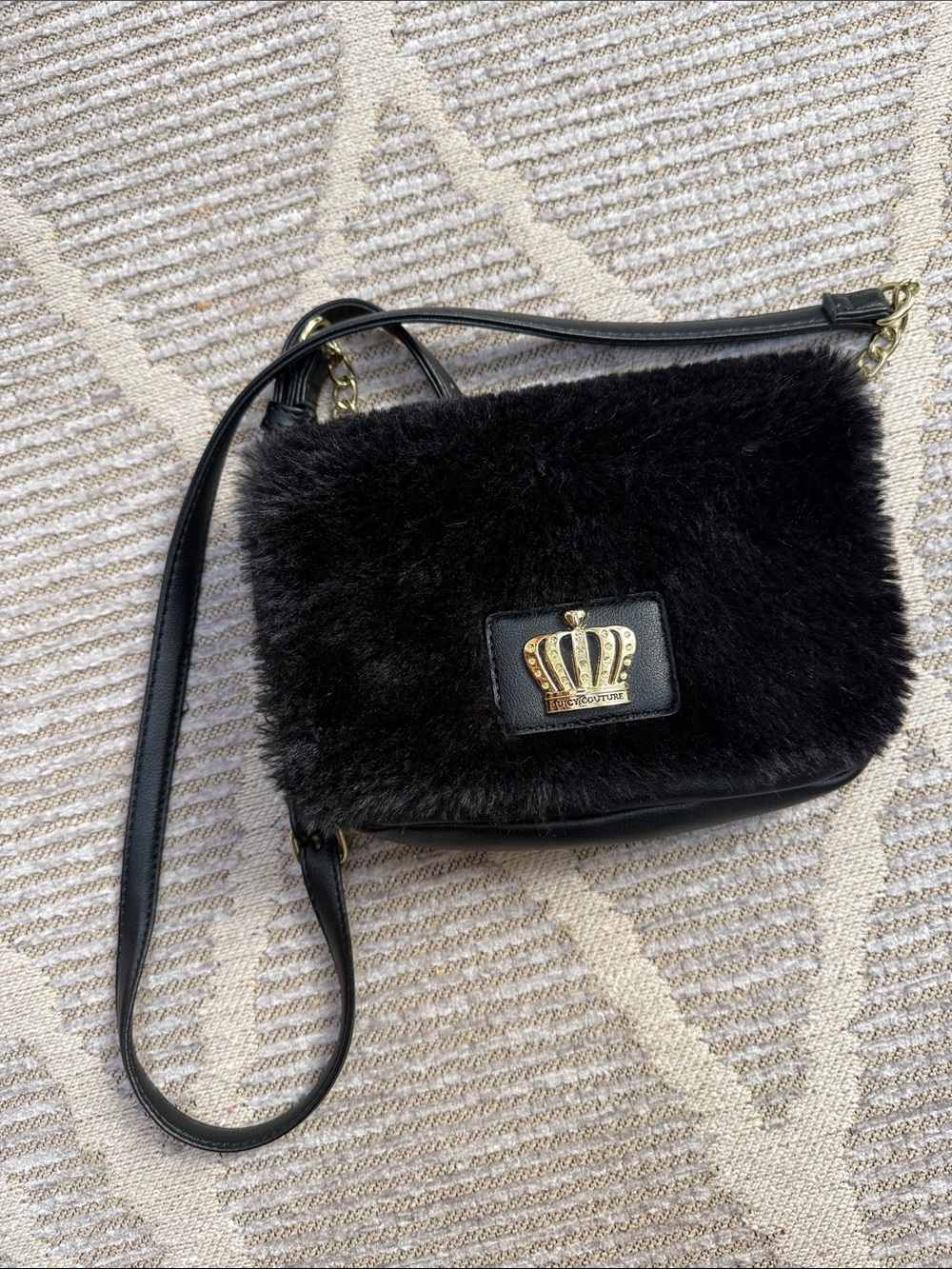 Juicy Couture Black Faux Fur Crossbody Bag with Gold Crown Accent